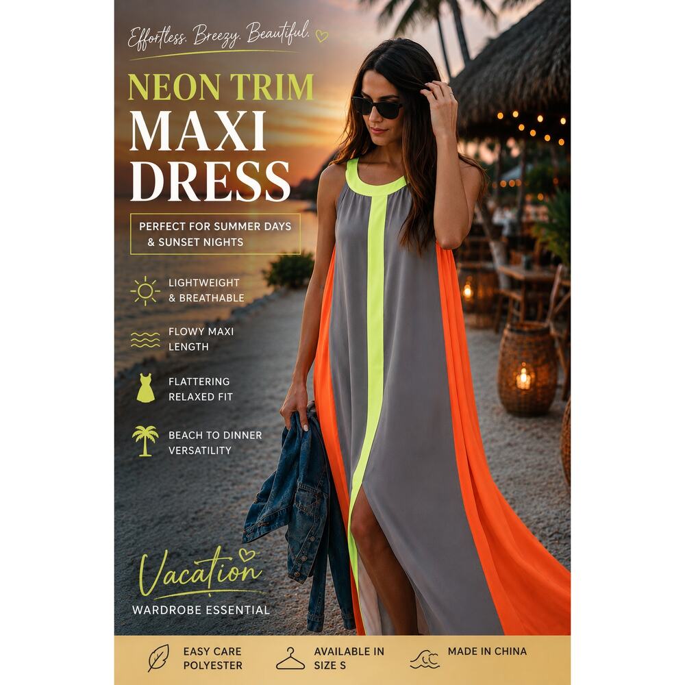 Neon Colorblock Maxi Dress Gray Orange Lime Sleeveless Flowy Boho Size S